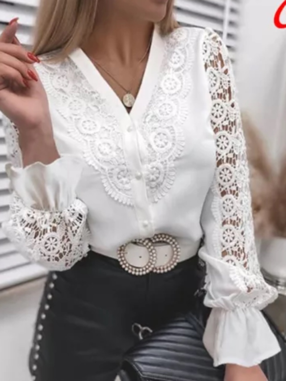 Women Casual Lace Hollow Out Blouses V Neck White Long Sleeve Tops T-Shirt